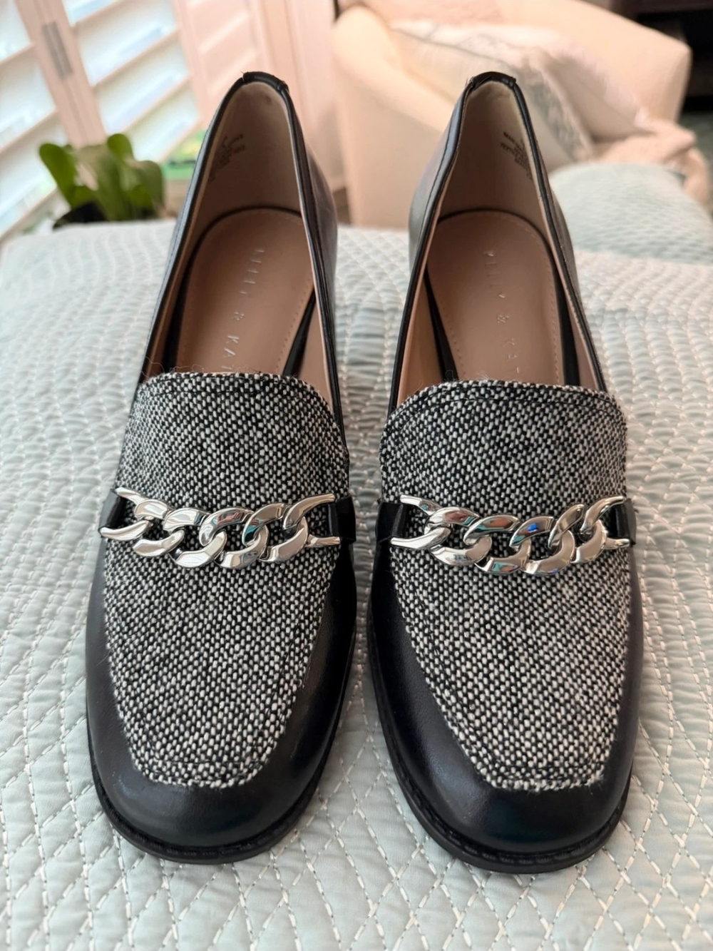 Kelly & Katie Black and Gray Tweed Chain-Trim Loafers